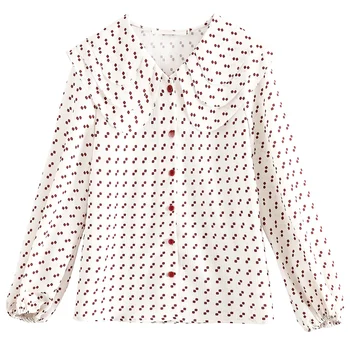 

JUAYKALA Women's Spring And Autumn Chiffon Blouse Doll Collar Lantern Sleeves Dot Print Chiffon Shirt Straight Shirt Female