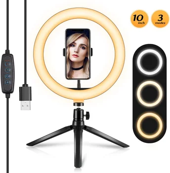 

10inch LED Ring Light with Stand Desktop Tripod USB Selfie Photographic Ring Lamp with Phone Holder for Selfie YouTube Live