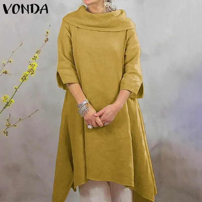 VONDA миди платье для женщин осень сплошной цвет Половина рукава хлопок длинное льняное платье повседневное свободные Вечерние Vestidos плюс размер халат Femme