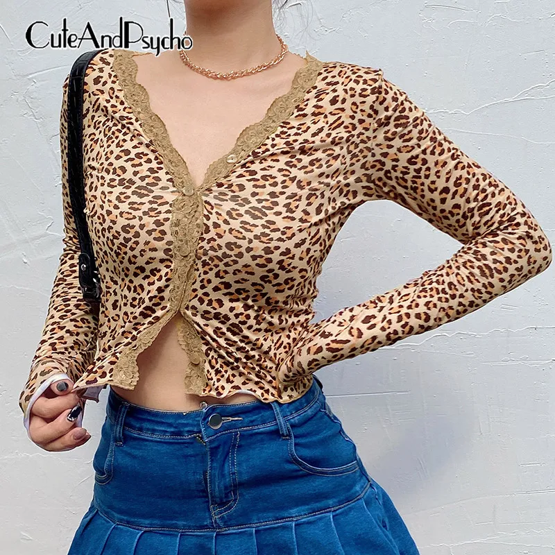 

Leopard Printed Harajuku Tee Shirts Female Embroidery Patchwork Long Sleeves y2k Tops V-neck Autumn Streetwear Top Cuteandpsycho