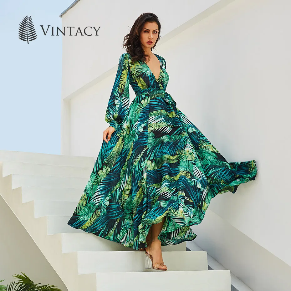 Vintacy/платье с длинным рукавом, зеленое Тропическое пляжное винтажное платье макси в стиле бохо, Повседневное платье с v-образным вырезом и поясом, туника со шнуровкой, Драпированное платье размера плюс