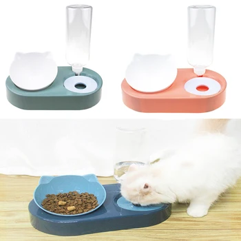 

Automatic Pet Double Bowl With Raised Stand Cat Protection Cervical Feeders Cat Face Food Water Dispenser Dog Puppy Dish Bowls