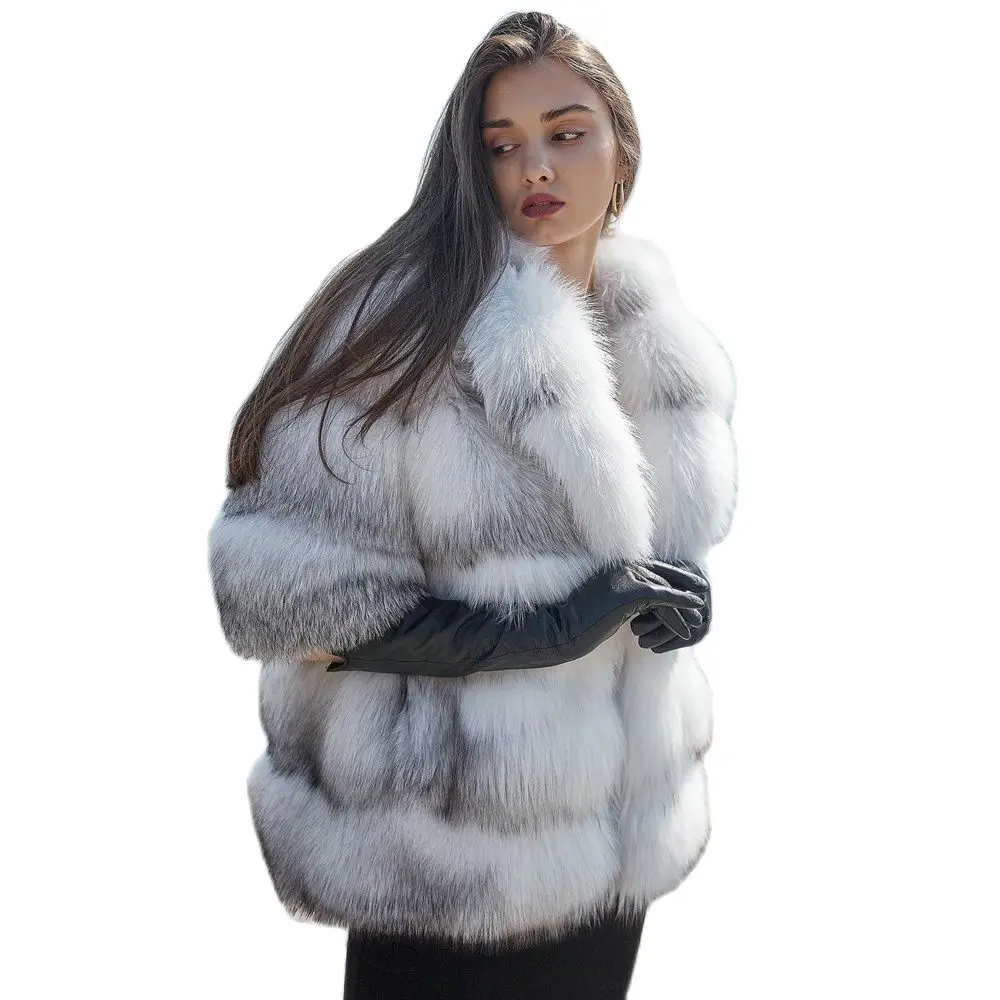 Women Natural Cross Fox Fur Jacket with Turn-down Collar Thick Warm Woman Fur Overcoats Winter Fashion Genuine Fur Overcoat 2022