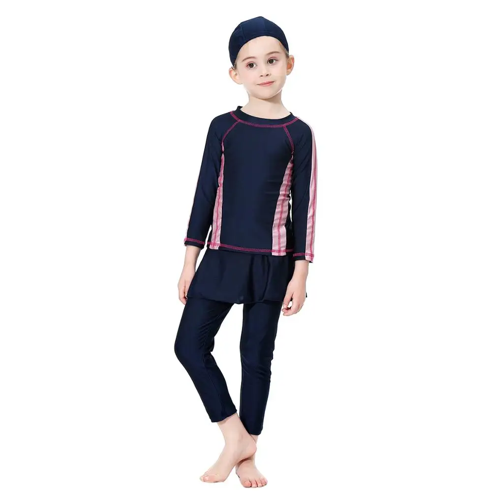 Navy Blue H2011 Детские купальники для девочек, 3 предмета, с длинными рукавами, скромный Мусульманский купальник для девочек, мусульманский купальный костюм для маленьких девочек, купальная одежда - Цвет: Navy Blue H2011
