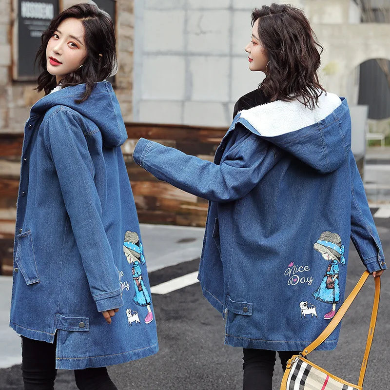 

2019 Winter New Style Korean-style Lambs Wool Large Size Dress Mid-length Hooded Brushed And Thick Jeans Coat Women's Fashion