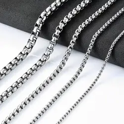 Men Silver Color Square Box Link Chain Stainless Steel Rolo Necklace for Women Punk Boy Neck Choker Jewelry Accessories Gifts