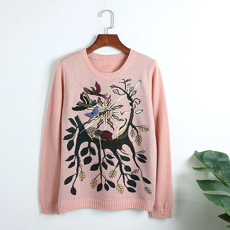 

Designer Runway 2019 Autumn Winter women Pullovers Loose Vintage Leaf Bird Embroidery Casual Knitted Sweater Pullover Mujer