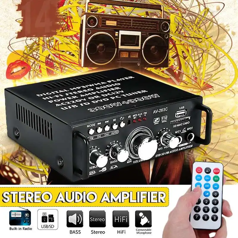 Аудио усилитель 12 В/220 В 600 Вт Amplificador аудио bluetooth стерео усилитель мощности SD HIFI 2CH аудио музыкальный плеер для автомобиля дома
