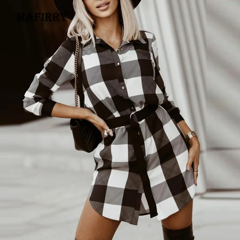 

British Style Elegant Women Plaid Print Dress Spring Autumn Button Patchwork Lapel Dress Femme Casual Loose Long Sleeve Dresses