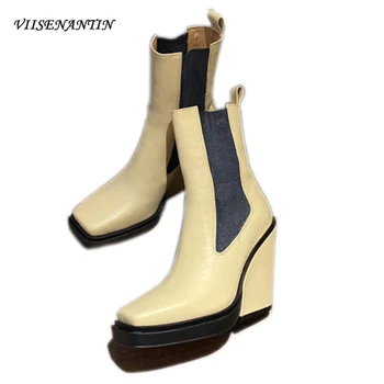 

Early Autumn Waxed Cowhide Chelsea Slope Heel Booties Square Toe British Style Fashionable All-match Elastic Band Women's Boots