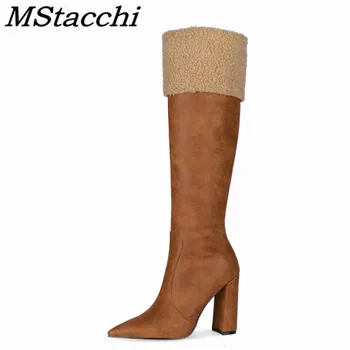 

Mstacchi Plush Warmth Pointed Women High Heel Boots Thick Heel Side Zipper Solid Color Classic Female Shoes Botas De Mujer 2020