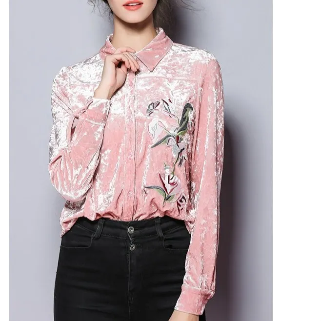 Autumn Women Floral Printed Velour Shirt Office Lady Turn-Down Collar Long Sleeve Blouse Office Embroidery Shirts
