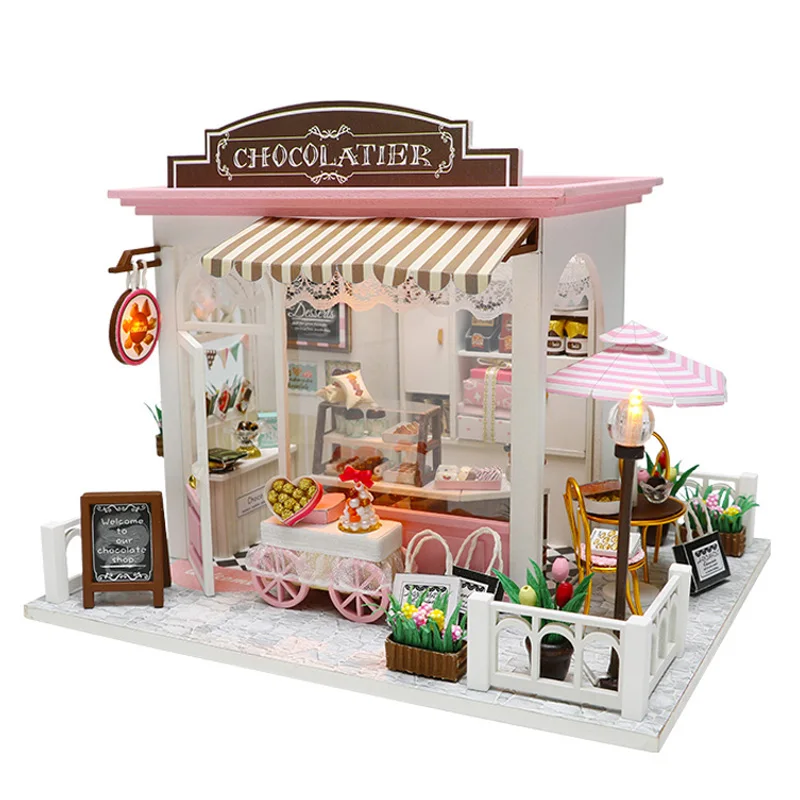 

Doll House Miniature DIY Dollhouse with Furnitures Wooden Sweet Chocolate House Waiting Time Toys for Children Birthday Gift C00