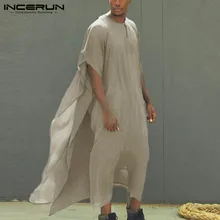 

Men Muslim Jubba Thobe Solid Flare Short Sleeve O Neck Loose Dubai Caftan Robes Fashion Arab Mens Islamic Kaftan INCERUN S-5XL