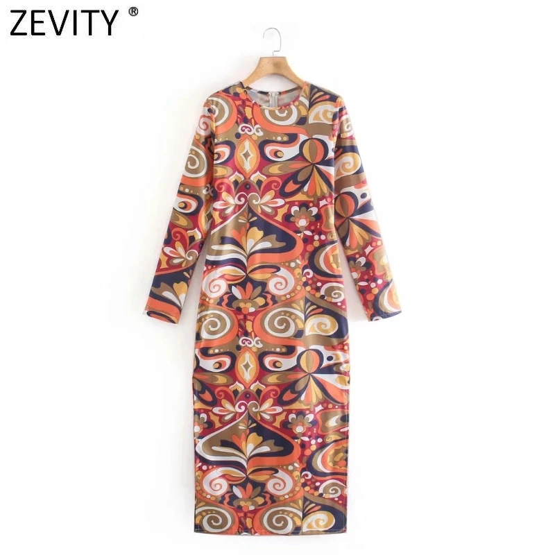 Zevity 2021 New Women Vintage Totem Floral Print Slim Pencil Dress Chic Female Long Sleeve Back Zipper Side Split Vestido DS8366