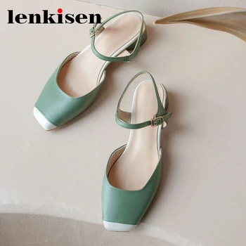 

Lenkisen autumn limited customization genuine leather square toe med heel mixed colors special design beauty lady new pumps L27