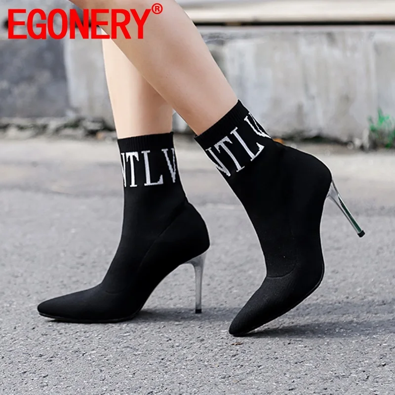 

EGONERY sexy woman ankle boots fashion brand Stretch cloth boots spring autumn woman socks boots 8.5cm high heels women's shoes