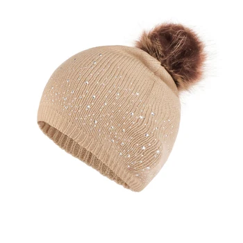 

Women Rhinestone Studded Daily Gifts Casual Plush Ball Windproof Soft Knitted Hat Warm Fashion Outdoor Hemming Autumn Winter