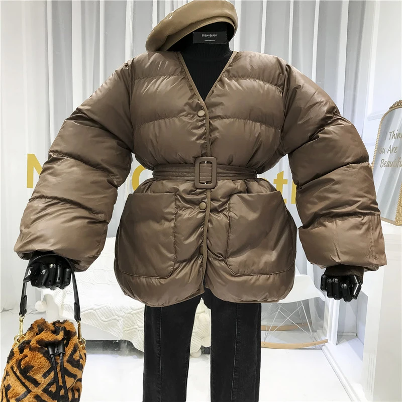 

Female Jacket Cotton Down Solid Covered Button Adjustable Waist Fashion Chaquetas Mujer Invierno 2019 Winter Women Coat