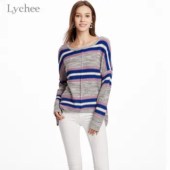 

Lychee Harajuku Solid Stripe Off Shoulder Women Knitted Sweaters Casual Loose Female Jumpers Pullovers Spring Autumn Lady Tops