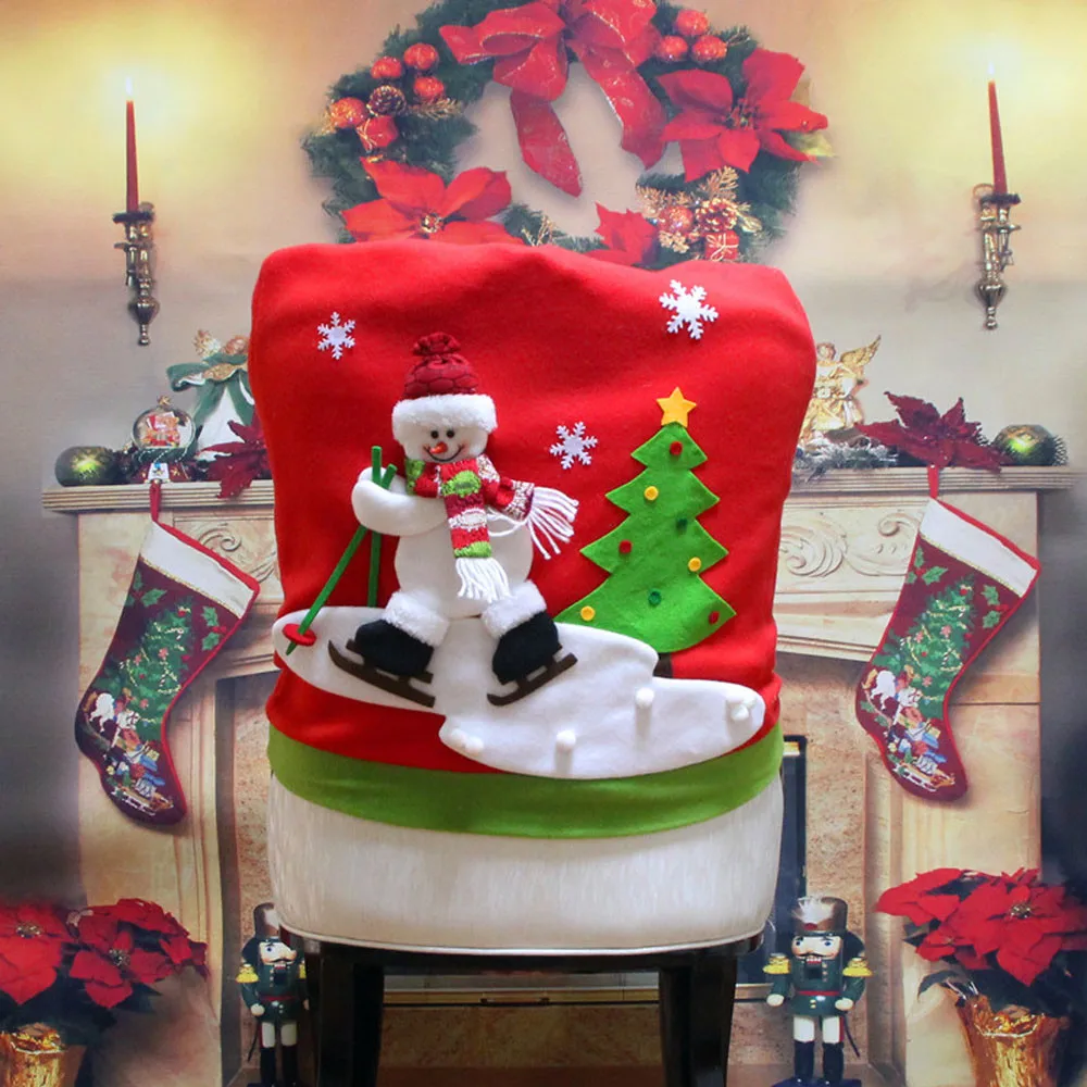 Christmas Santa Claus Chair Back Cover Elk Snowman Hat Dinner Table Party Xmas 