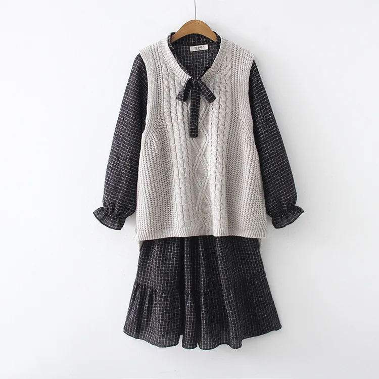 

Dress Two-Piece Women's New Style Korean-style Mid-length Loose-Fit Sweater Vest Plaid Skirt Leisure Suit S28068