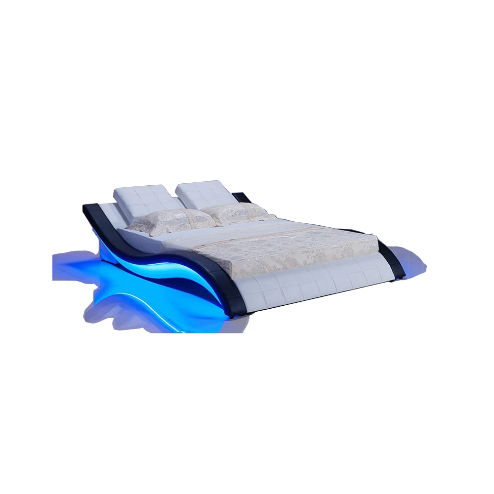 modern real genuine leather bed / soft bed/double bed king/queen size bedroom with sound system for iphone ipad LED light