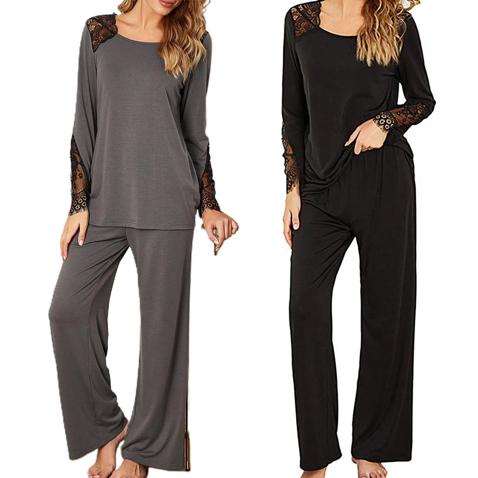 Conjunto de pijama de manga larga con encaje para mujer, ropa de dormir de 2 uds.