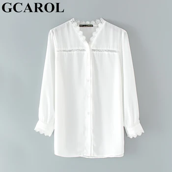 

GCAROL New Women Lace Floral Spliced Blouse V Neck Chiffon OL Elegant Shirt Spring Fall Ladies White Basic Perfect Tops