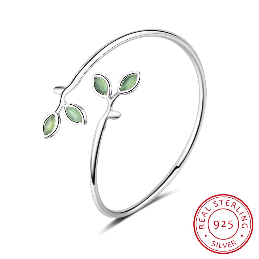 

Genuine 100% 925 Sterling Silver Opal Leaves Buds Open Bracelets & Bangles for Women Fashion Creative Lady Jewelry