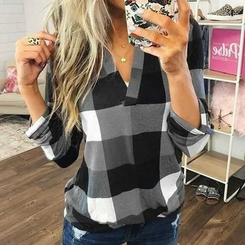

Women Autumn Spring Plaid Shirt Blouse Ladies Long Sleeve V-neck Casual arrival Tops