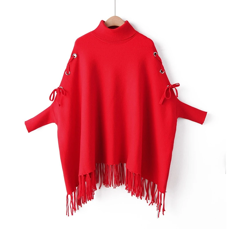 Pull femme, черная зимняя одежда с кисточками, модная водолазка, женский свитер размера плюс, одноцветная, KKFY4112