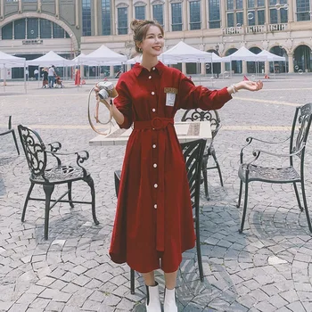 

Corduroy Dress Female 2020 nian Autumn New Style Waist Hugging Slimming Gas Long-sleeved Shirt Dress Wind