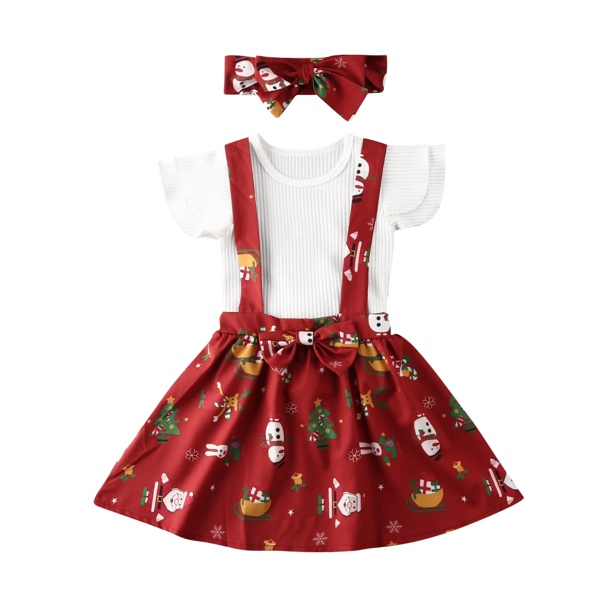 НОВАЯ РОЖДЕСТВЕНСКАЯ футболка для маленьких девочек, комплект из платья на лямках и шорт - Цвет: Красный