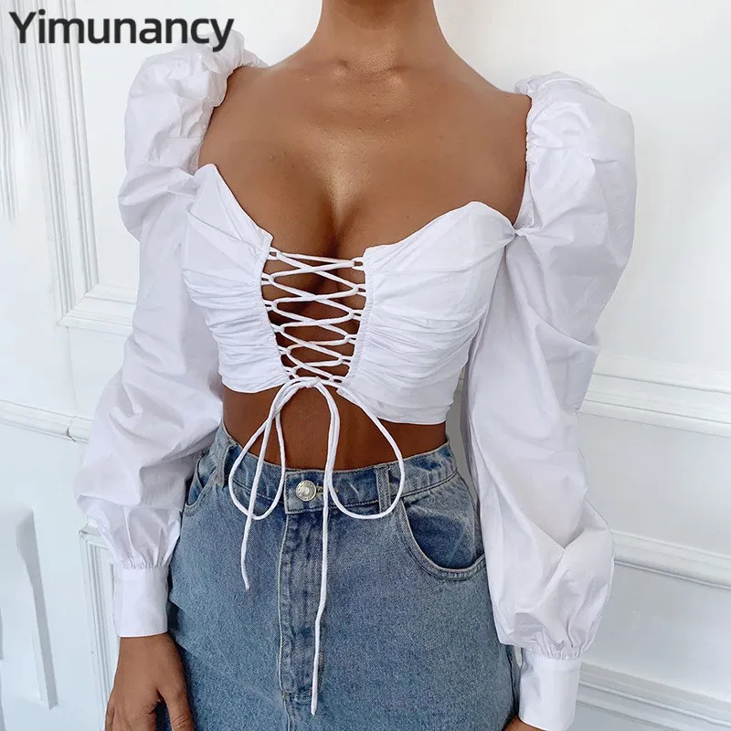 Yimunancy/ осенний укороченный топ с длинными рукавами для женщин, модный топ со шнуровкой, женская белая блузка с пышными рукавами, Blusas, уличная одежда