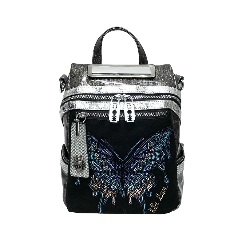 

Microfiber Synthetic Leather Diamond Backpack Women Butterfly Pattern Designer Luxury Mochila Blosas Shoulder School Bag