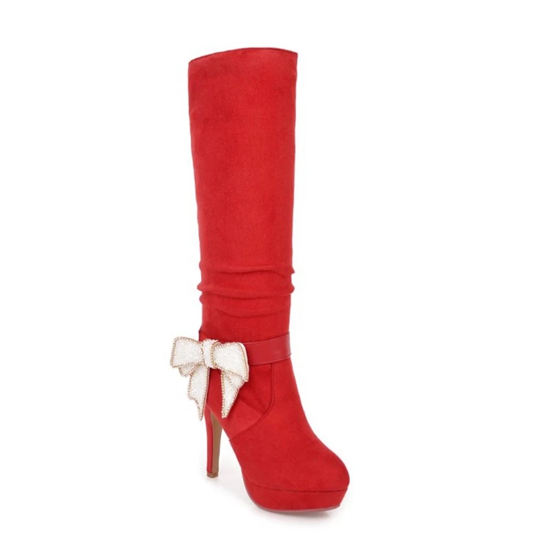 ORCHA LISA Warm Winter Knee Boots for Women Round Toe Spike Heel Slip-on Flock Butterfly-Knot Skid proof Big size 43 Black Red