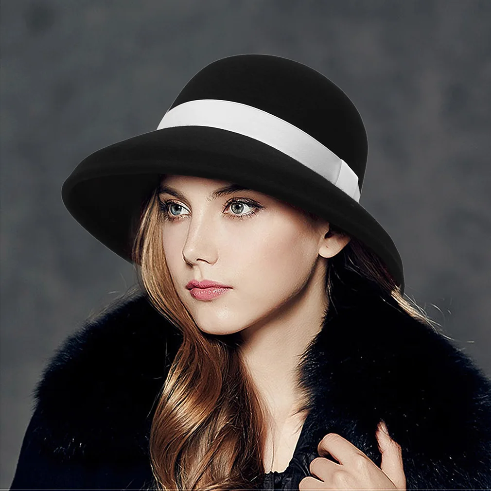 

Women's French Retro Wool Fedoras Hat Ladies Dome White Ribbon Decorative Fedora Cap Female Photographic Shopping Caps H7234