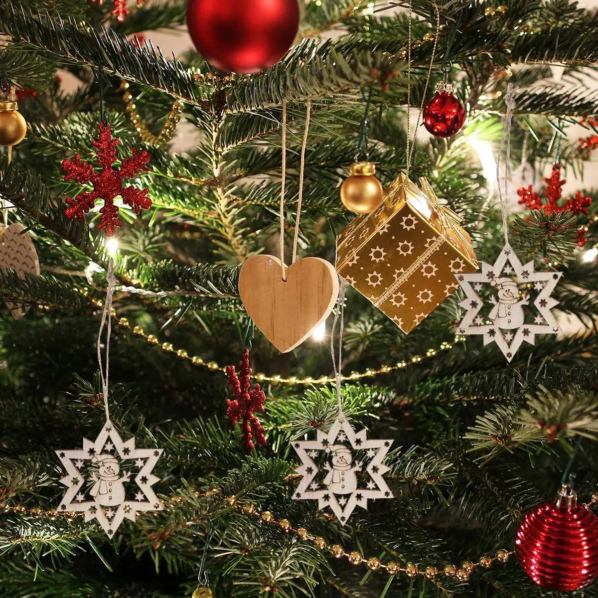 10pcs Christmas Tree Decorations Hanging Ornaments Hollow Stars Snowman Pendant Natural Wood Slices Xmas Decorations Home Decor