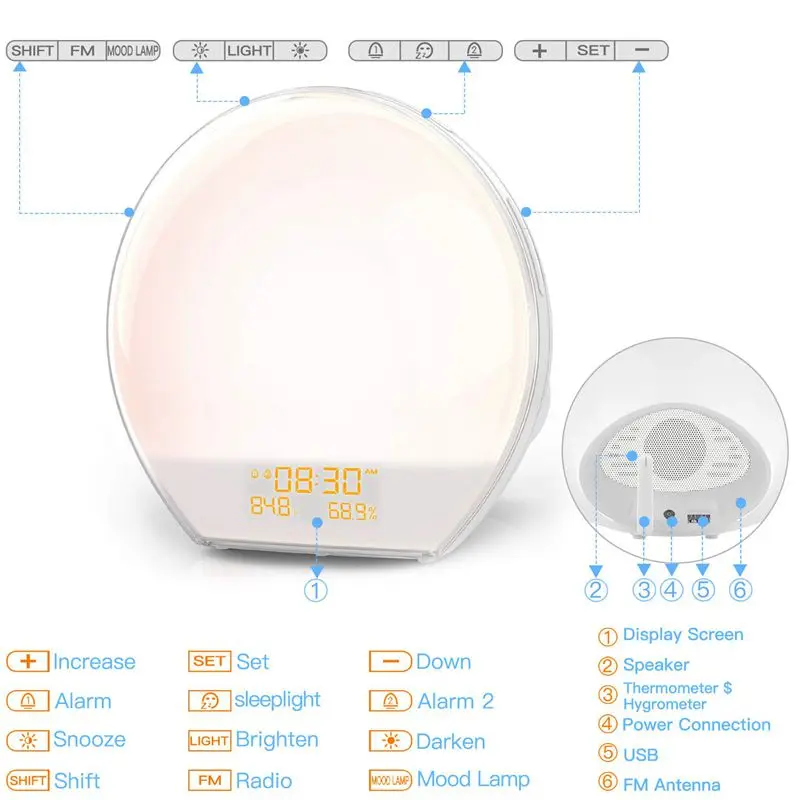 Wake-Up Light, Световой будильник с Usb выходным интерфейсом, fm-радио, температура, влажность монитор, Sunrise и закат выцветание ночью L
