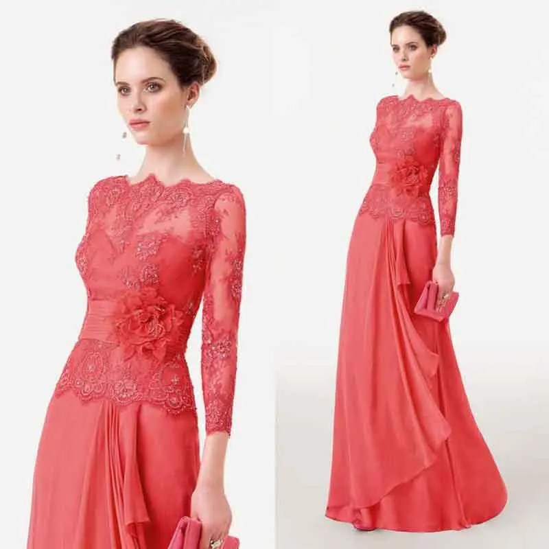 

Sarahbridal 2015 New Lace Beading Mother Dresses With Flower Elegant Pleated Chiffon Long Bridal Mother Dress For Wedding Party