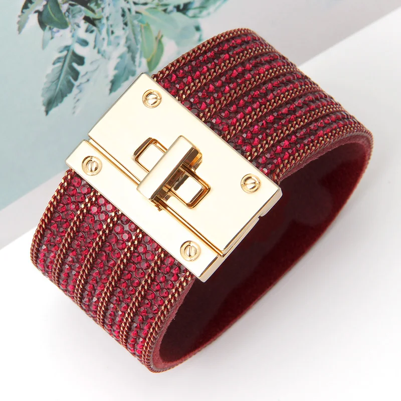 Leather Bracelet for Women Crystal Circle Charm Wrap Bracelets& Bangles Boho Multilayer Wide Crystal Bracelet Female Jewelry