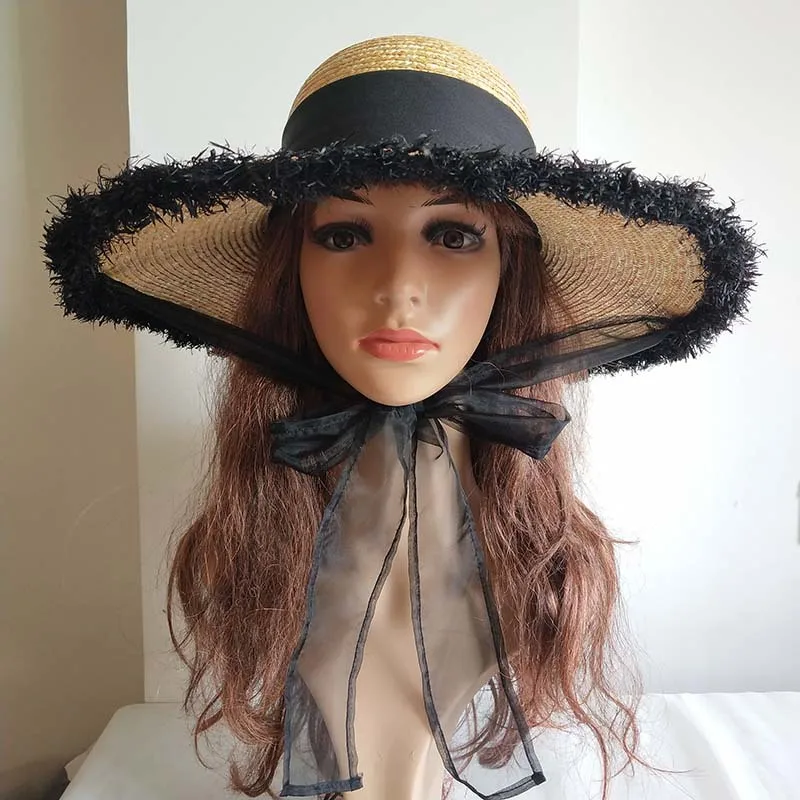 Шляпа из рафии Женская ручной работы плетеная Соломенная Панама с черной лентой