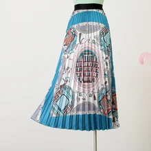 Юбка женская Осень Новая эластичная высокая талия была тонкая дикая корт Ретро Печать над коленом плиссированная юбка осень