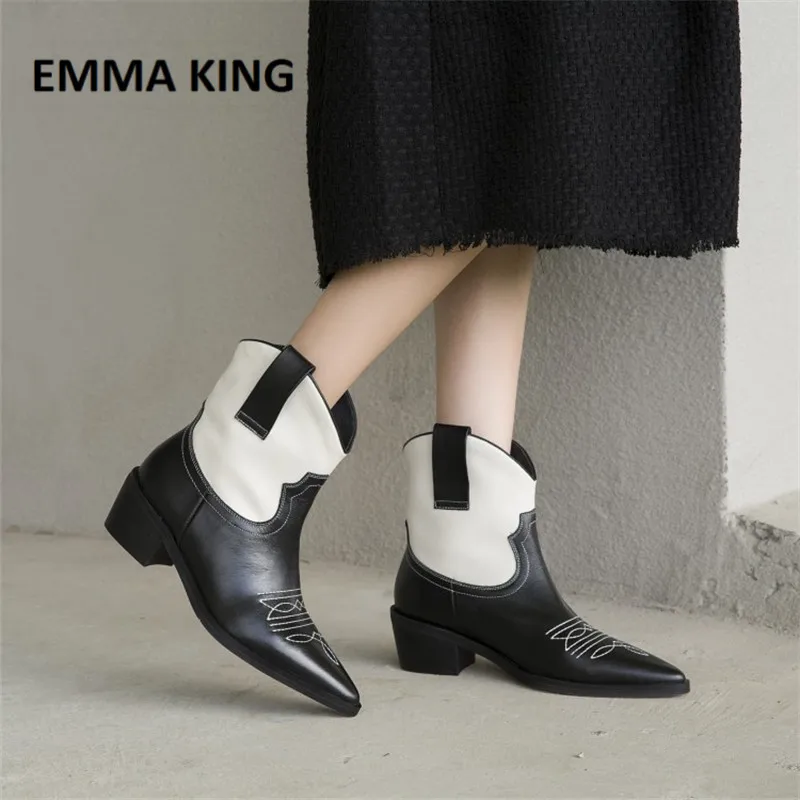 

Black and White Cowboy Leather Boots Women Ankle Booties Cowboy Design Pointed Toe Shoes Female Thick Heels Leather Shoes Women