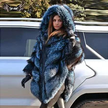 Накидка из натурального Лисьего меха с капюшоном Женская куртка из натурального серебристого лисьего меха Длинная зимняя накидка из натурального меха Пончо Верхняя одежда