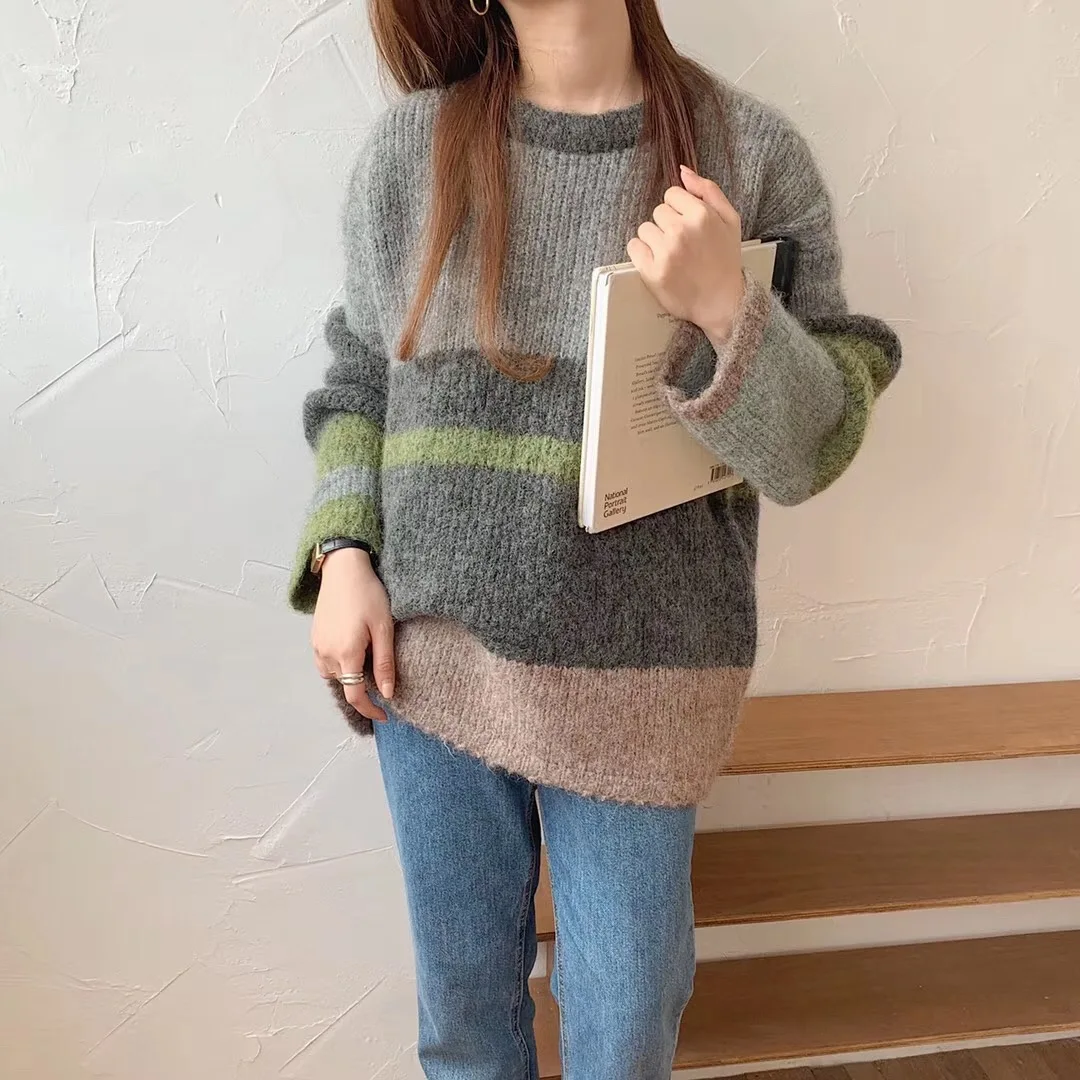 H. SA, Женский пуловер и свитера, в стиле пэчворк, свободный, корейский, модный свитер, топы для девушек, свободный свитер, наряды, Вязанные джемперы