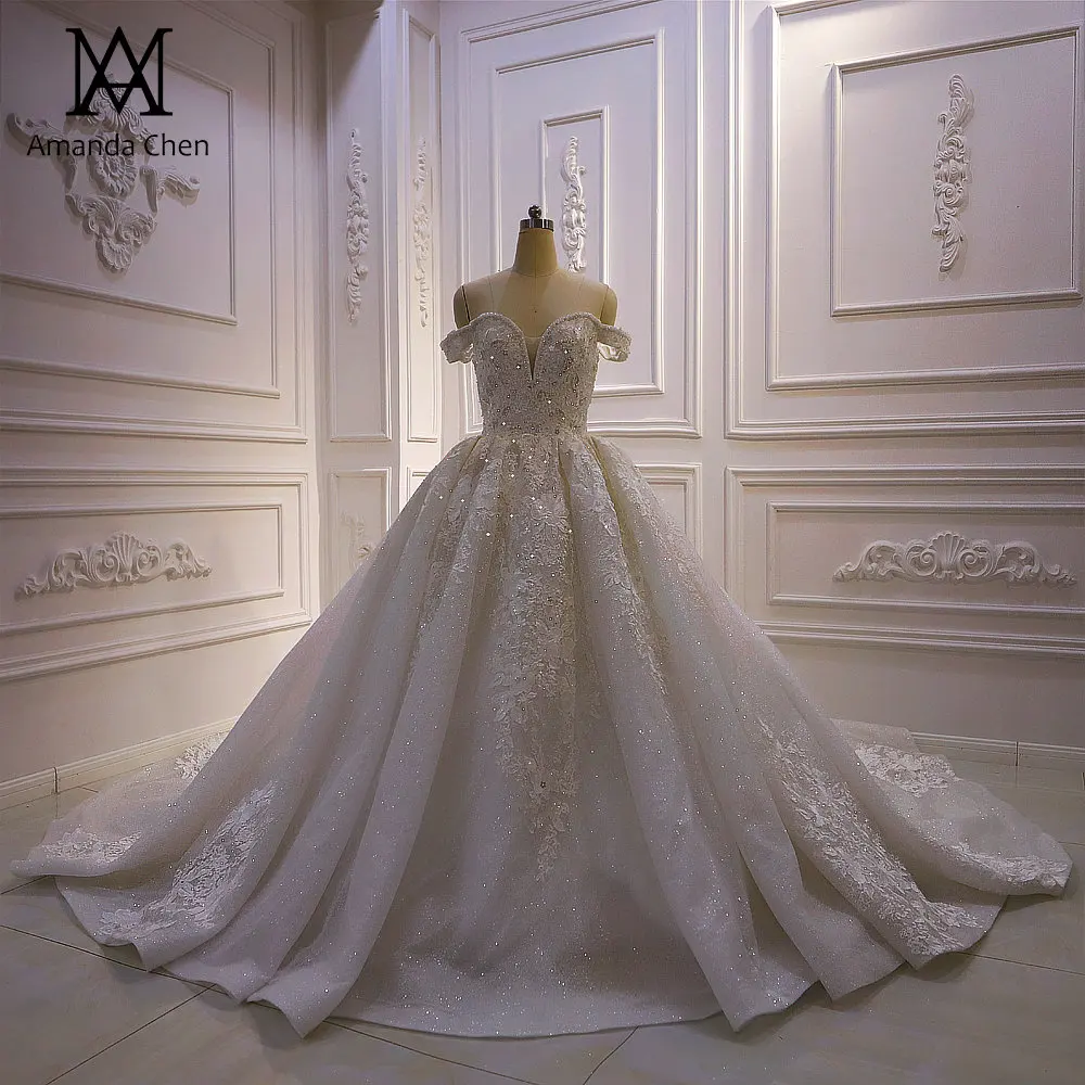 Vestido de Noiva с открытыми плечами кружево, аппликация бисером свадебное платье - Color: Ivory