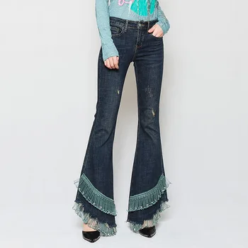 

2020 Spring New Womens High Waisted Ruffles Patchwork Tassel Denim Flare Pants , Stretchy Slim Denim Trousers for Woman