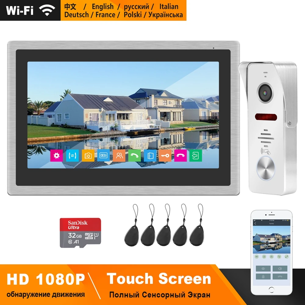 HomeFong Wireless Wifi Smart Video Door Phone Intercom System 10 inch Touch Screen HD 1080P Doorbell Camera Support Swiping Card